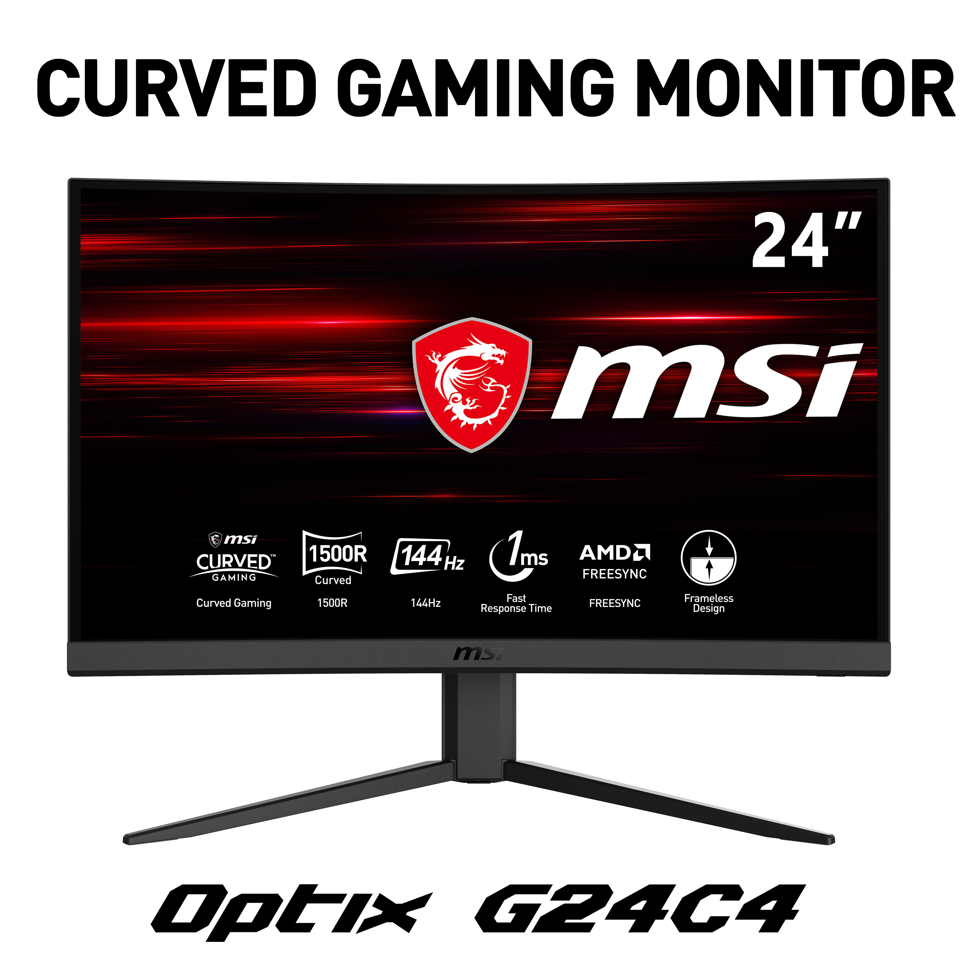 Schwarzer und roter MSI Curved Gaming Monitor mit der Modellbezeichnung Optix G24C4.