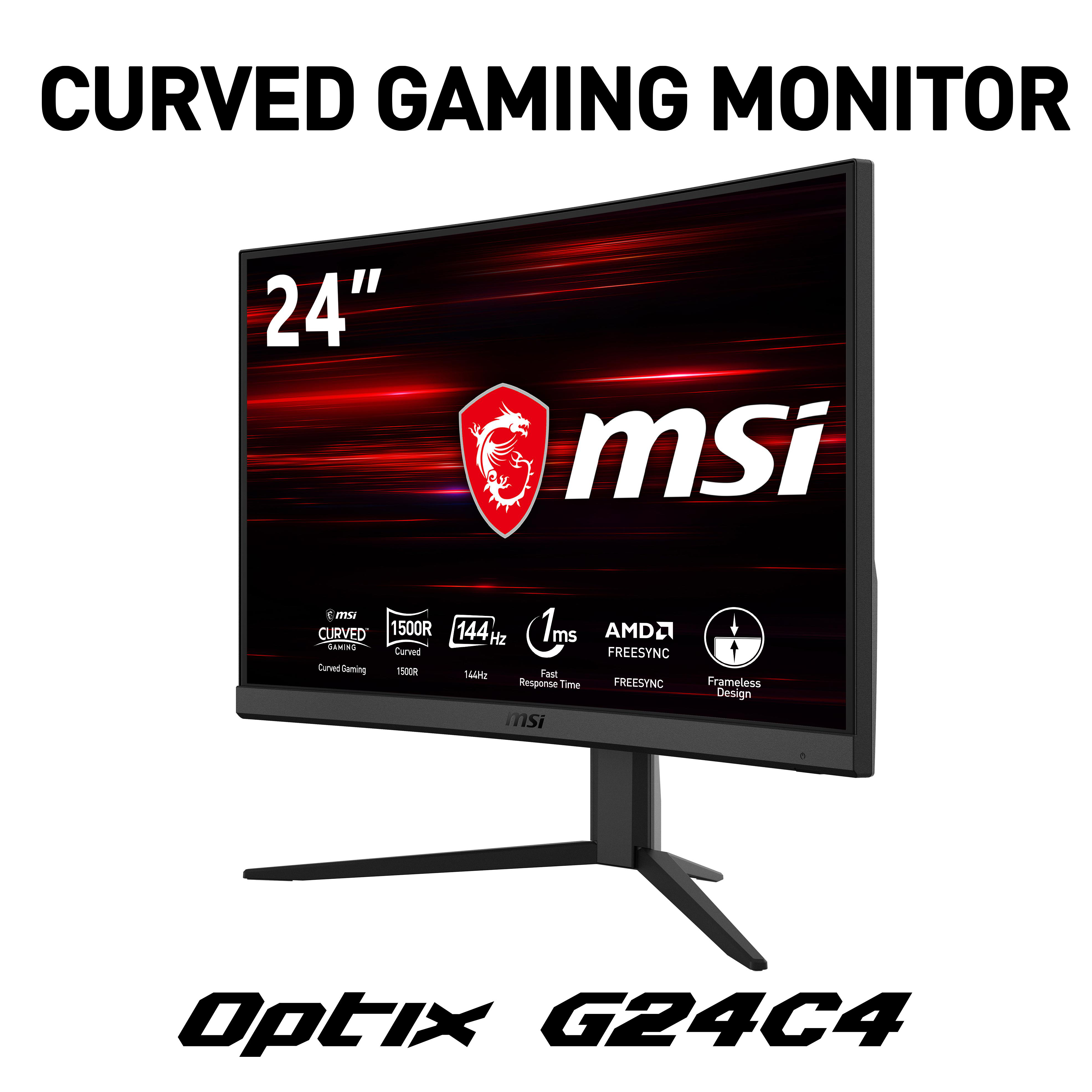 Gebogener Gaming-Monitor, 24 Zoll, Marke MSI, schwarzer Ständer.