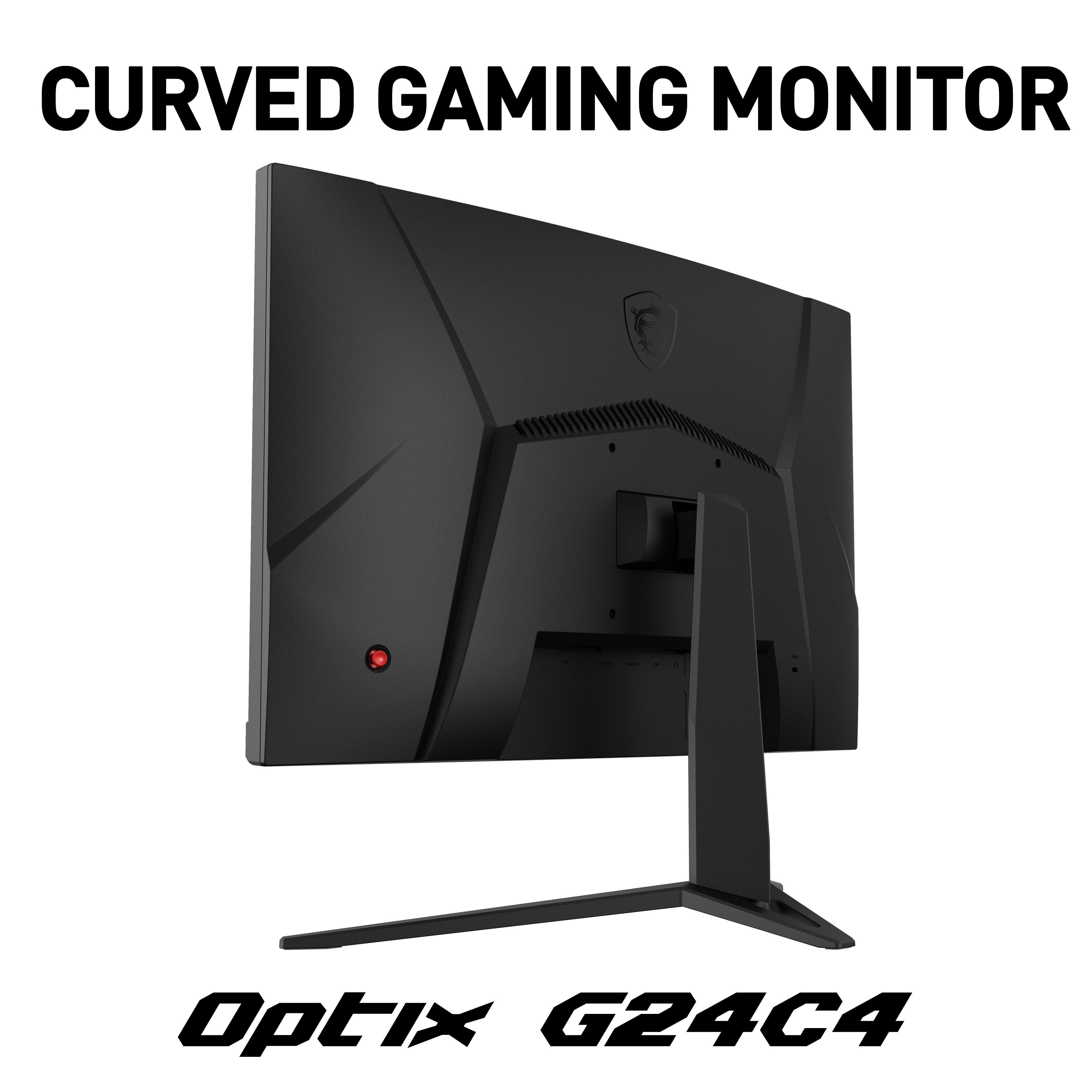 Ein schwarzer Gaming-Monitor, Rückansicht, mit Text.