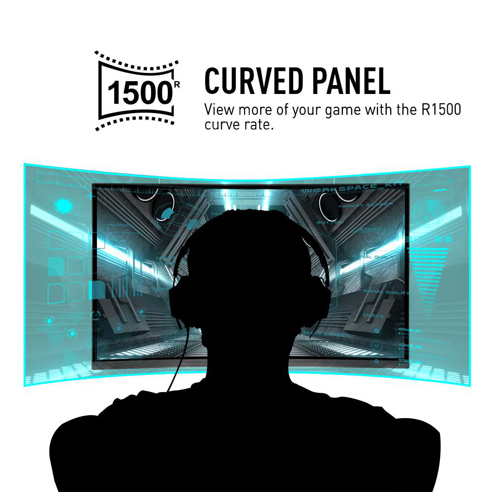 Eine Person mit Kopfhörern, die auf einen gebogenen Monitor blickt, der ein Spiel zeigt.