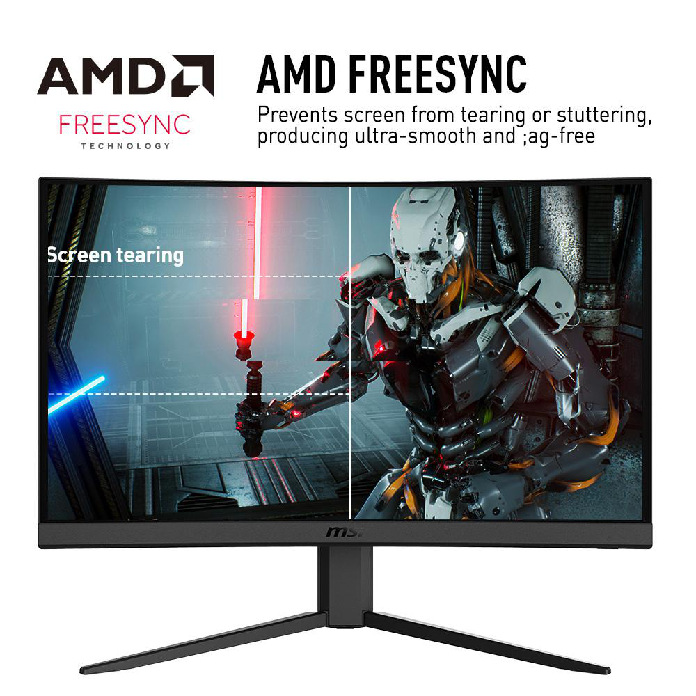 Gaming-Monitor mit AMD FreeSync. Zeigt Bildschirmreißen vs. flüssiges Gameplay mit Grafik.