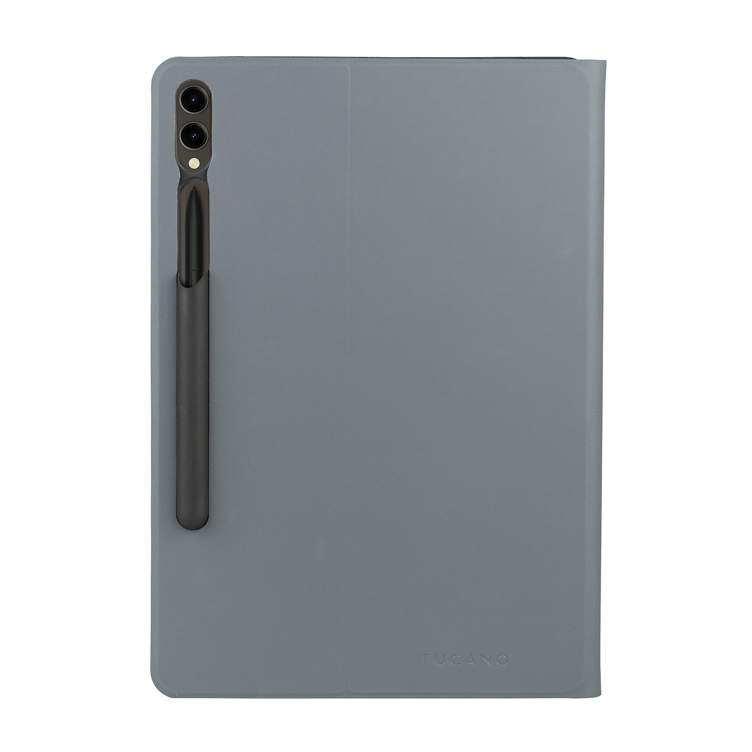 Custodia grigia per tablet con portapenne e penna nera su sfondo bianco.