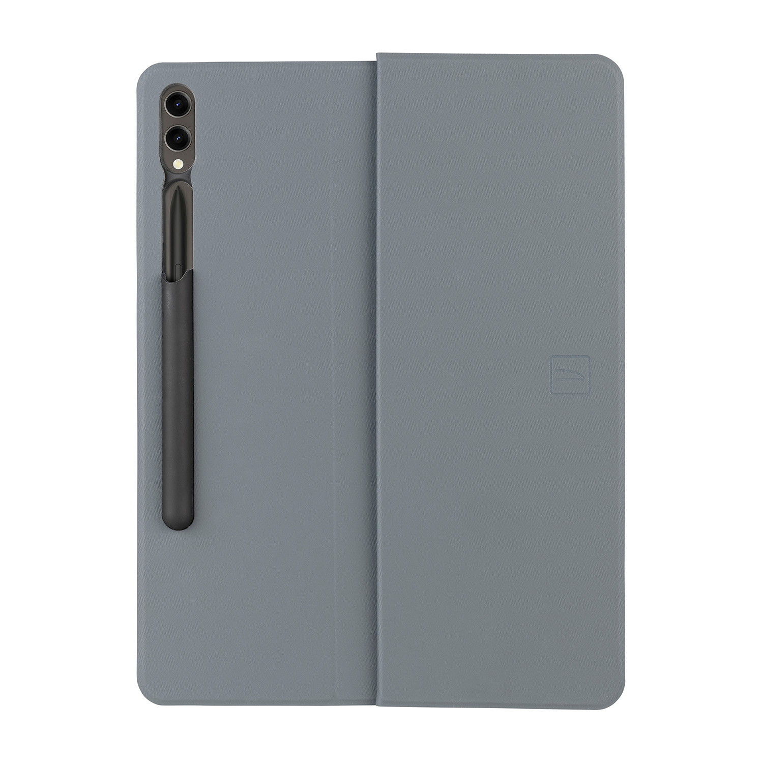 Custodia grigia per tablet con portapenne e penna, sfondo bianco.