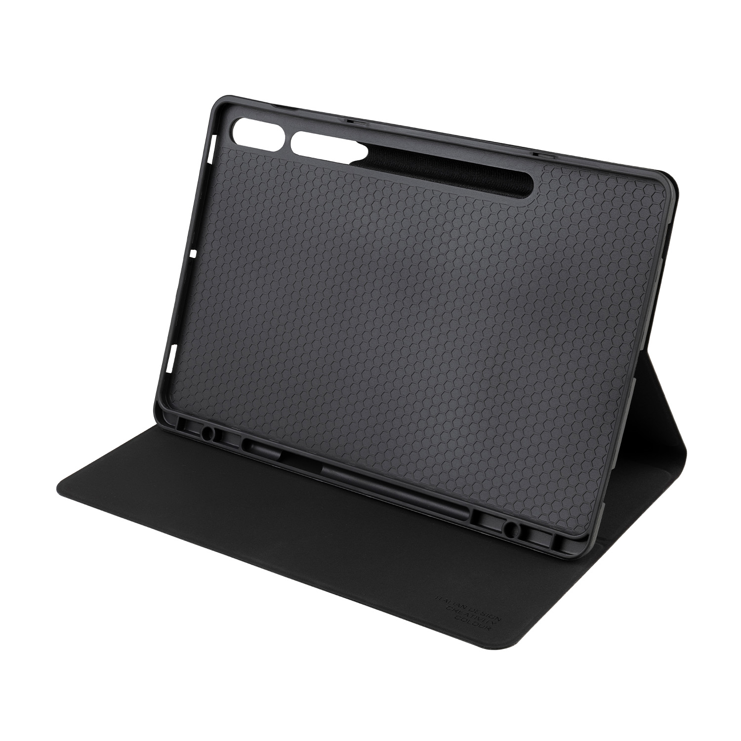 Custodia per tablet nera aperta, che rivela l'interno. Interno nero, strutturato. La custodia è su una superficie bianca.