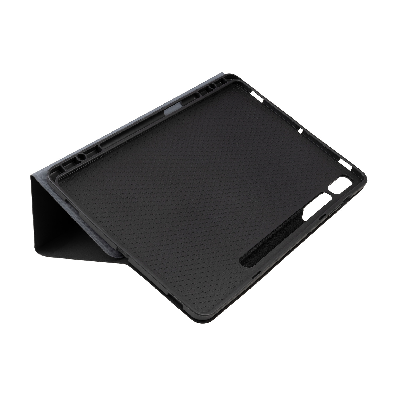 Custodia per tablet nera aperta con interno strutturato.
