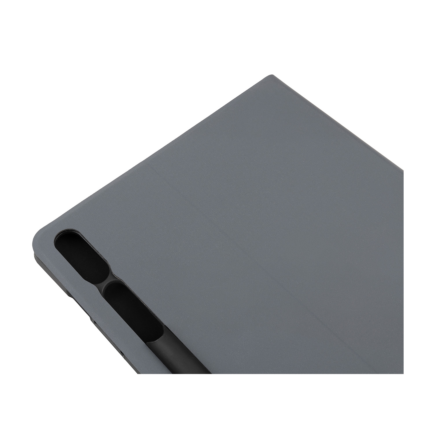 Primo piano di una custodia grigia per tablet, con un supporto per stilo visibile lungo il bordo.