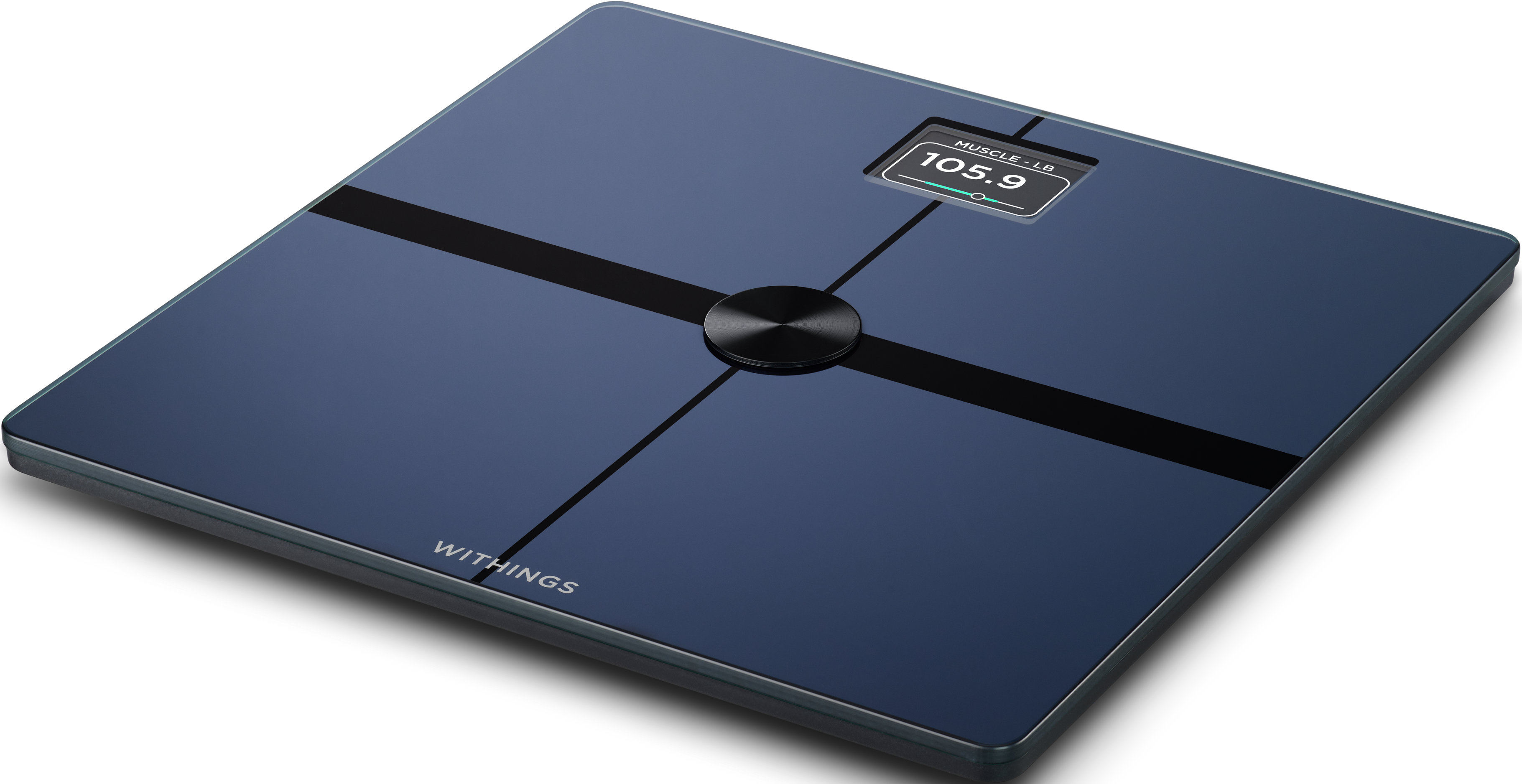 Bilancia digitale blu mostra "MUSCLE - LB 105.9" sullo schermo.