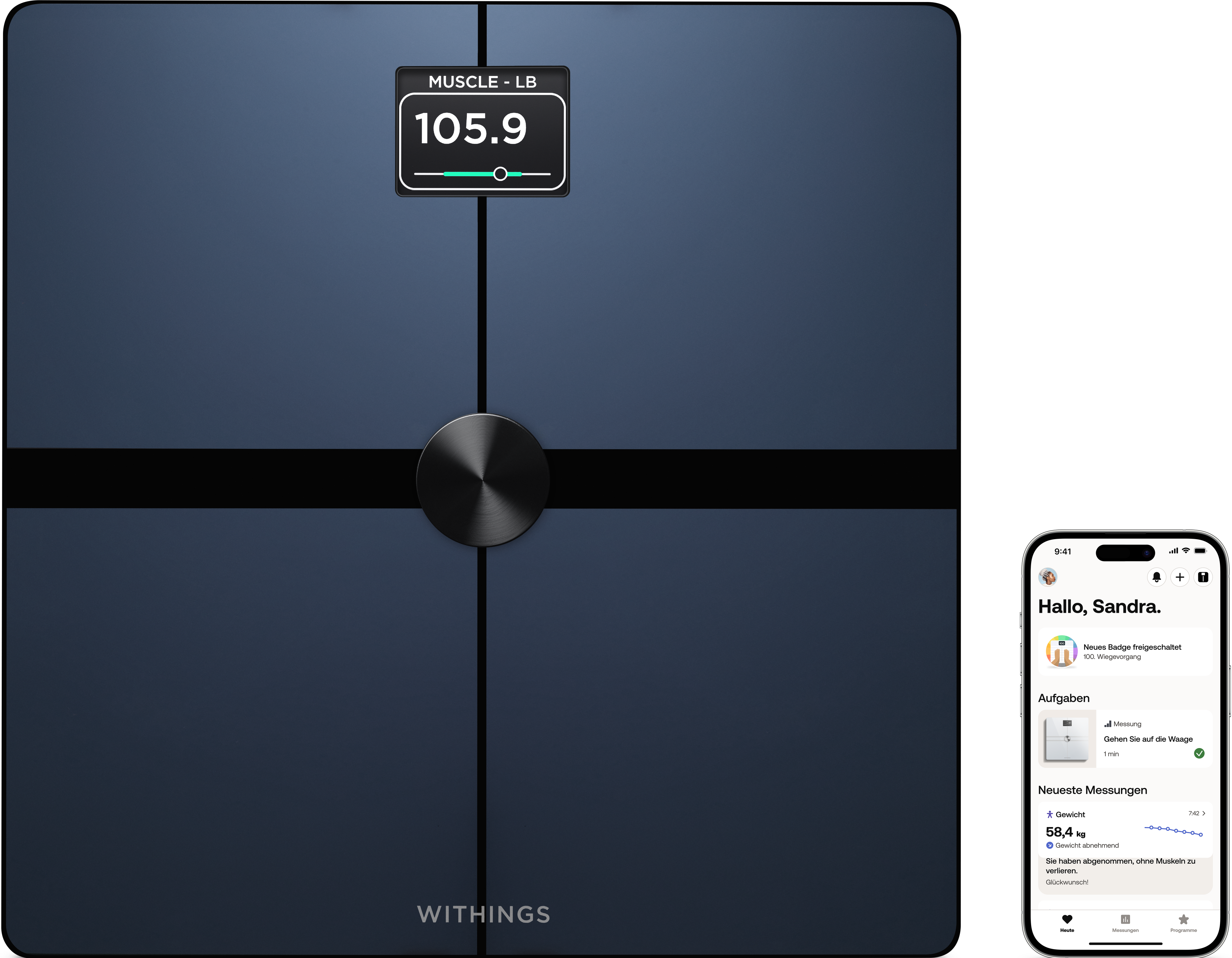 Una bilancia personale mostra 105.9 LB. Accanto, uno smartphone con un'app per la salute.