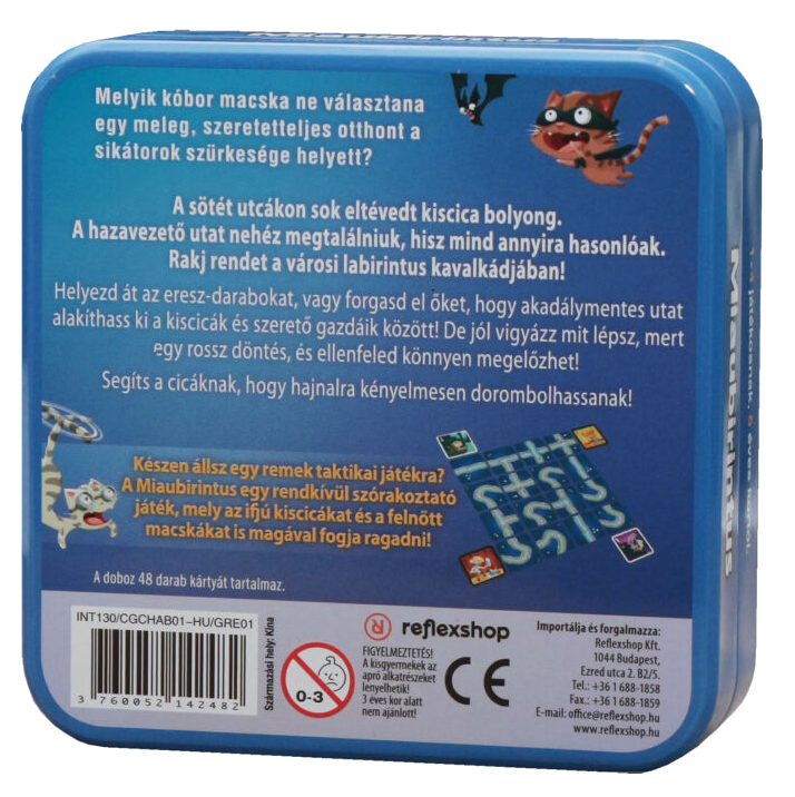 Társasjáték doboz szöveggel, macskákkal és egy látható játéktáblával.