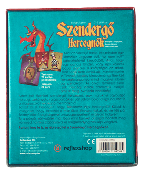 Társasjáték dobozának hátulja sárkány illusztrációval. A szöveg magyarul van, játék részletekkel és korosztállyal.