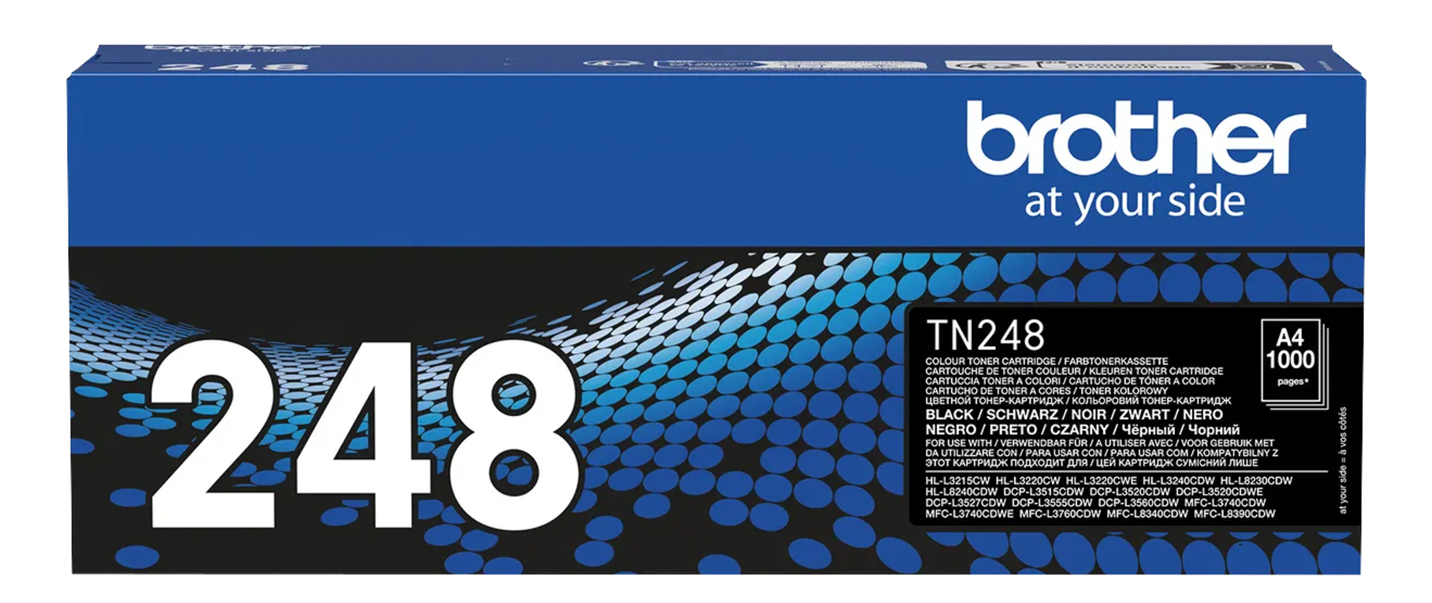 Scatola cartuccia toner Brother TN248 blu e nera. Testo bianco 248.