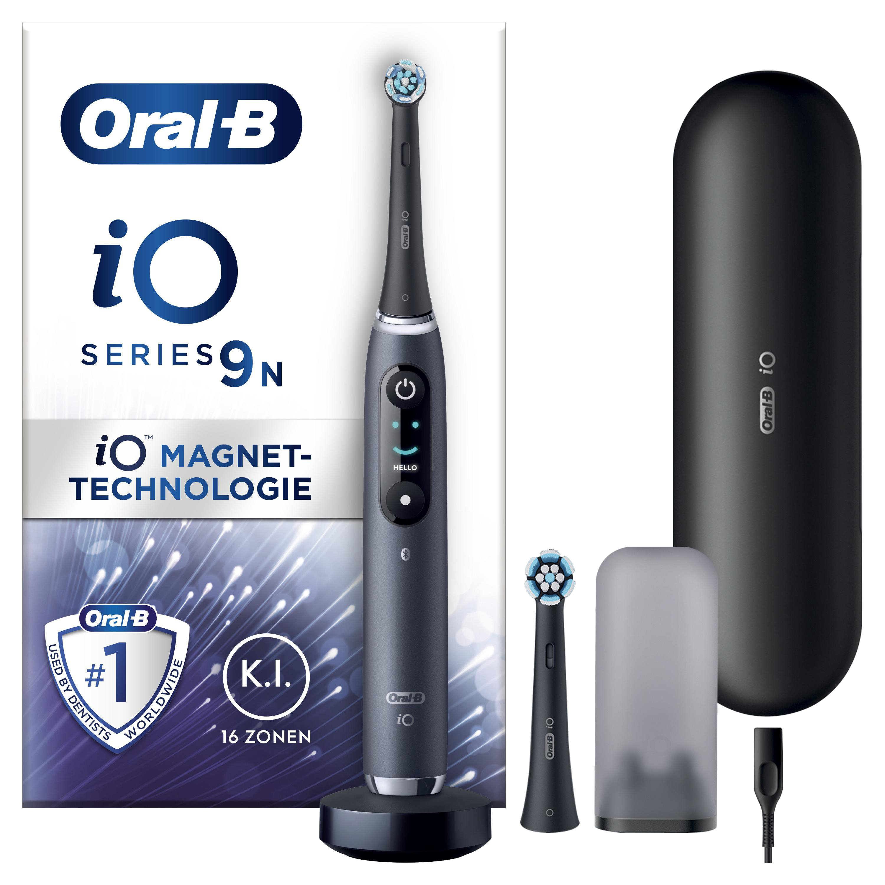 Elektrische Zahnbürste Oral-B iO Series 9N mit Zubehör und Etui, alles schwarz.
