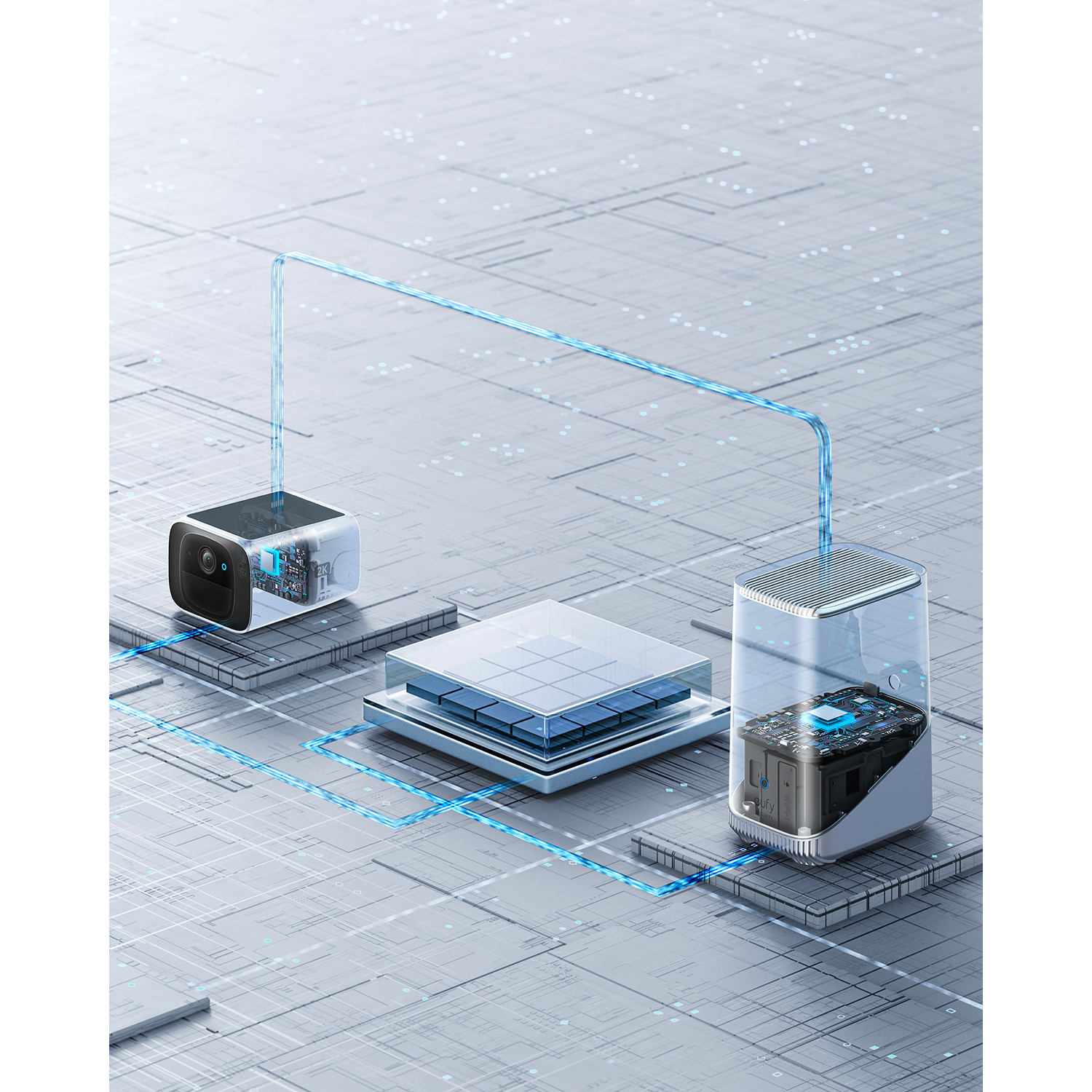 Diagram van aangesloten apparaten, met twee dozen en een centrale processor.