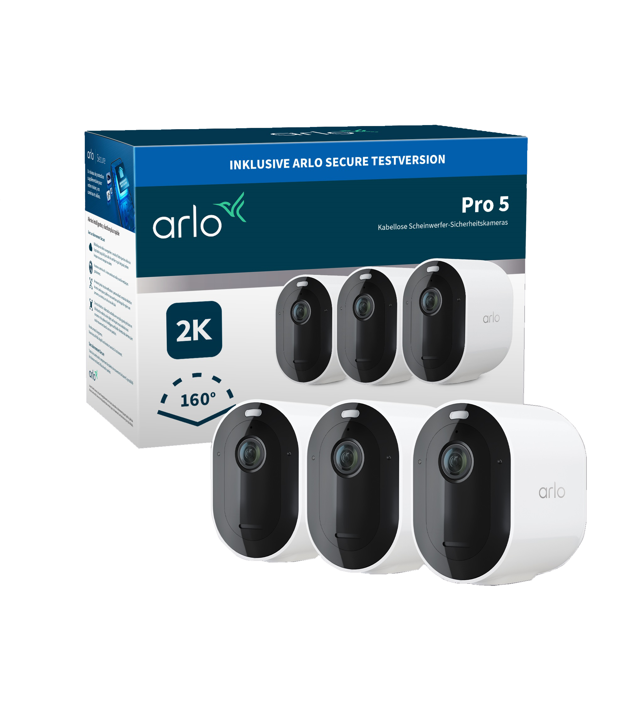Scatola del sistema di sicurezza Arlo Pro 5 con telecamere. Contiene 6 telecamere con corpi bianchi e lenti nere.