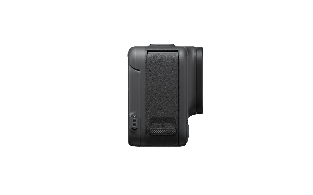 Schwarze Action-Kamera im Profil, Seitenansicht mit Knöpfen und Objektiv.