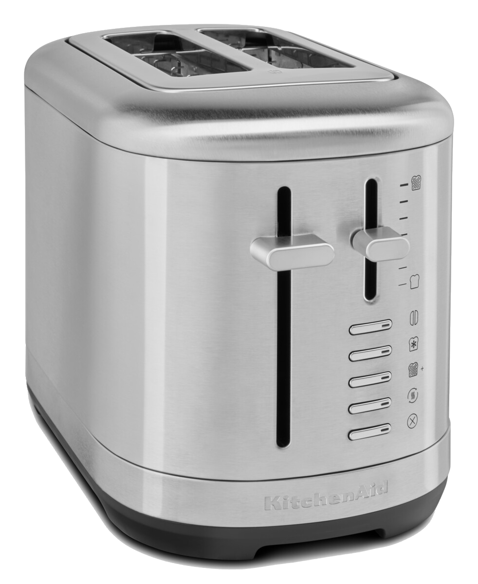 Ein silberner KitchenAid-Toaster. Er hat zwei Schlitze und Bedienelemente für verschiedene Bräunungsstufen.