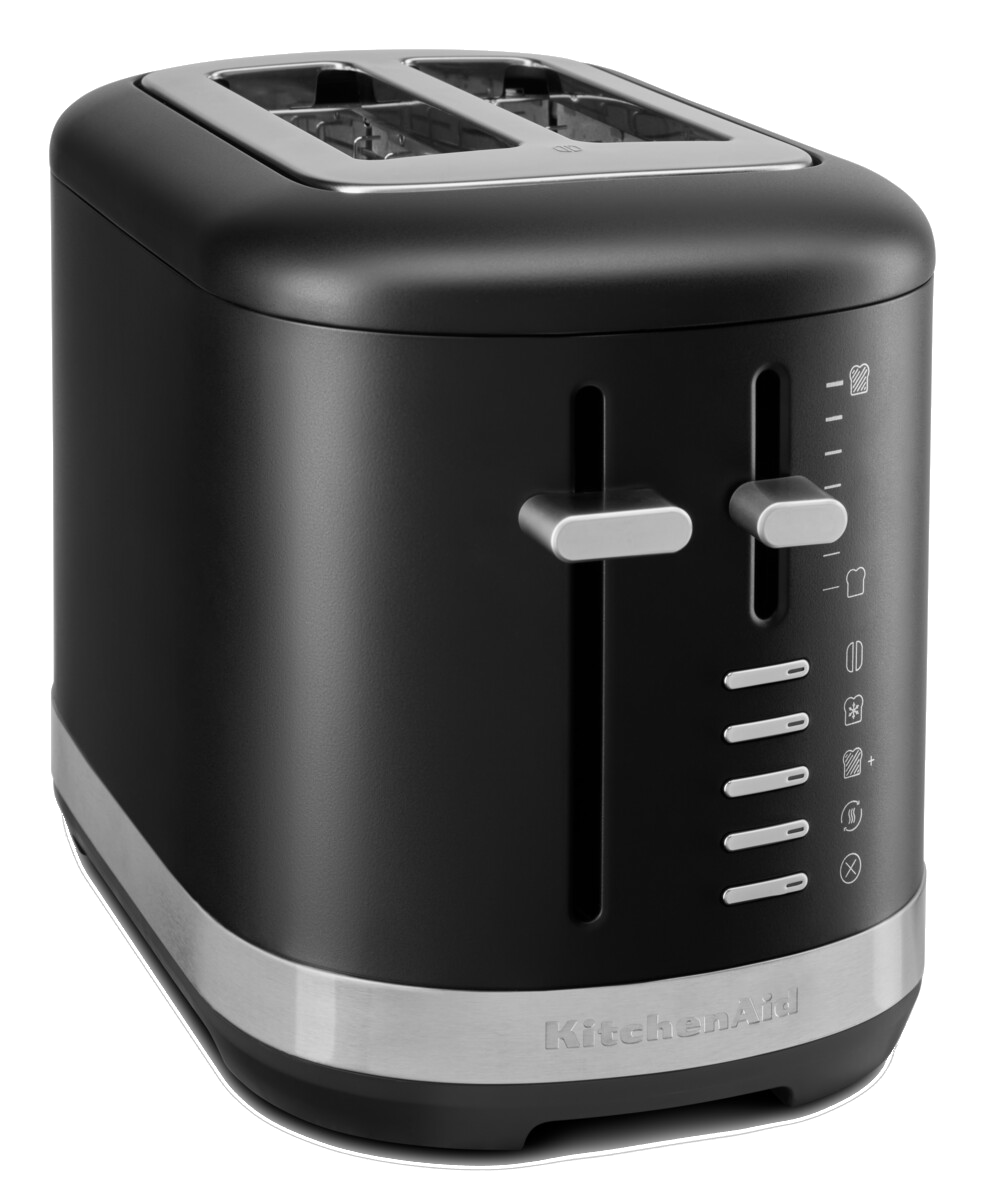 Schwarzer KitchenAid Toaster mit zwei Schlitzen und silbernen Akzenten. Einstellungen sichtbar.