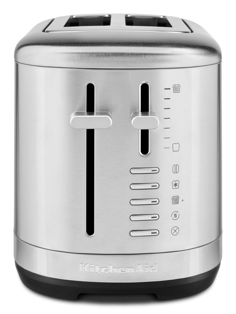 Silberner Toaster mit zwei Schlitzen und mehreren Funktionstasten. Schwarzer Sockel.