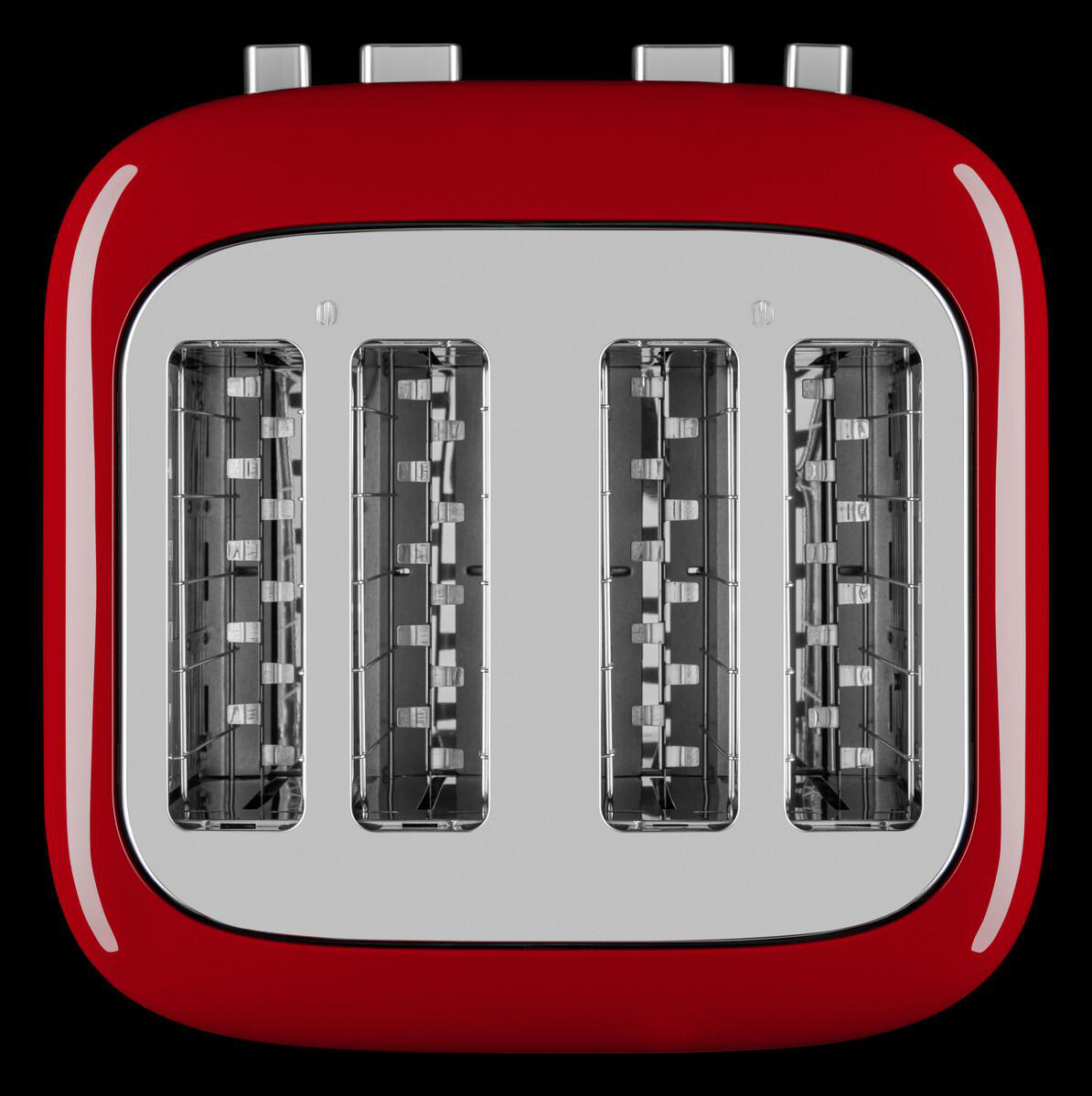 Roter 4-Schlitz-Toaster mit silbernem Innenraum. Vier Schlitze sichtbar. Glänzendes rotes Äußeres.