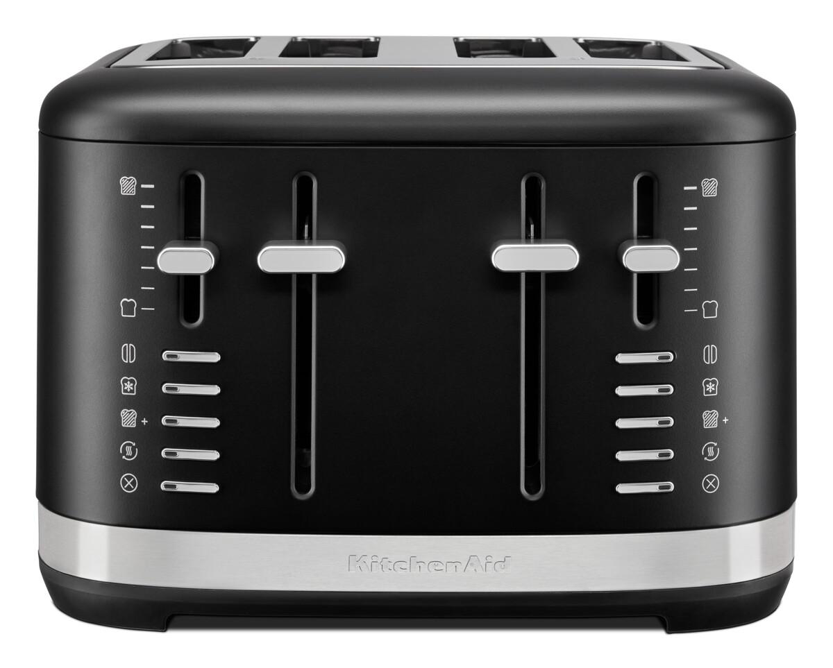 Schwarzer KitchenAid Toaster mit vier Schlitzen, silbernen Akzenten und Bräunungsreglern.