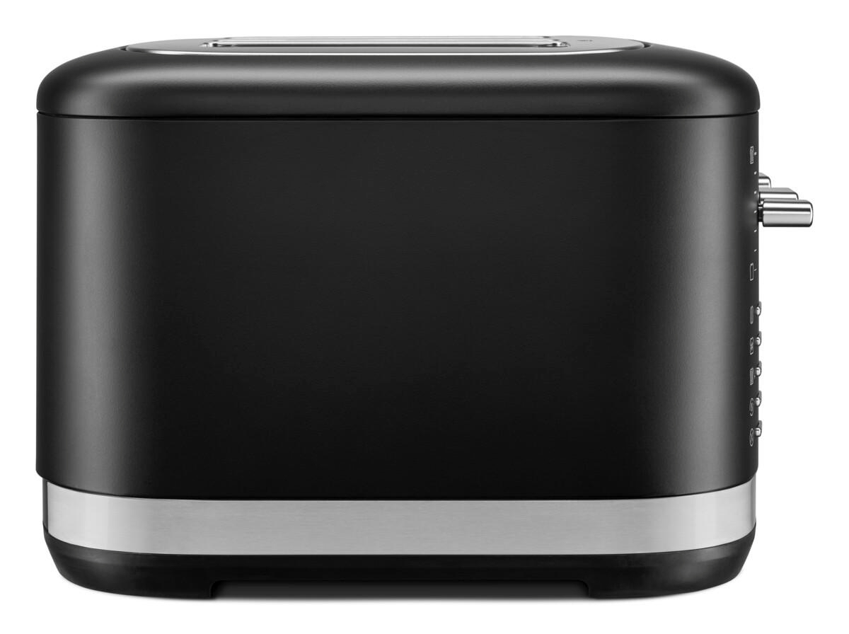 Schwarzer Toaster mit silberner Verkleidung. Seitenansicht, Bedienelemente rechts. Minimalistisches Design.