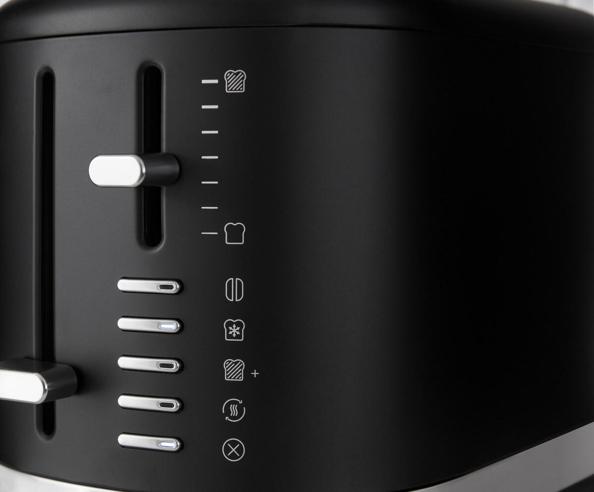 Nahaufnahme des Bedienfelds eines schwarzen Toasters mit Einstellungen. Verschiedene Symbole für Toaststufen.