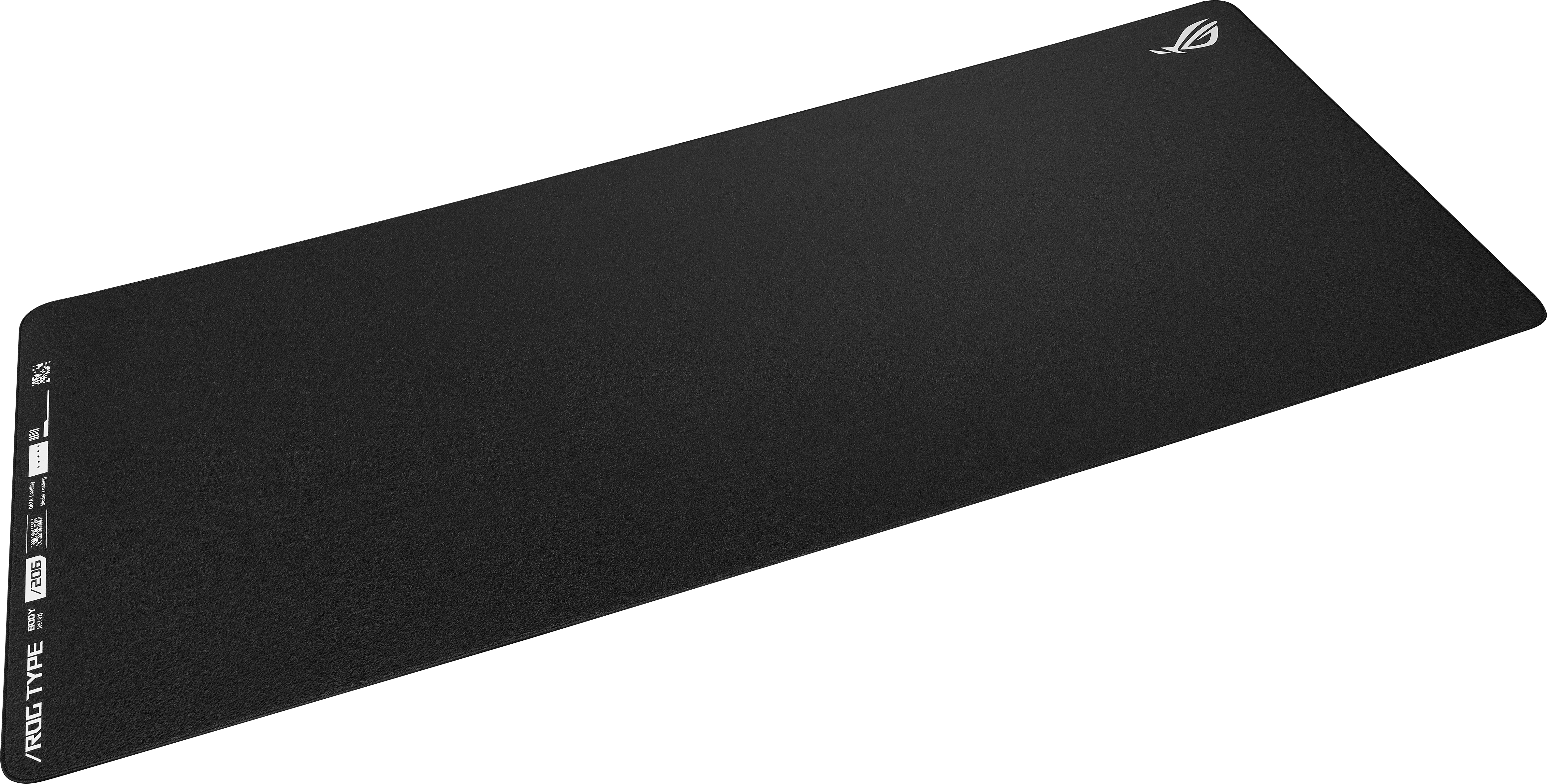 Tapis de souris de jeu noir avec texte et logo blancs de ROG TYPE. Fond noir uni.