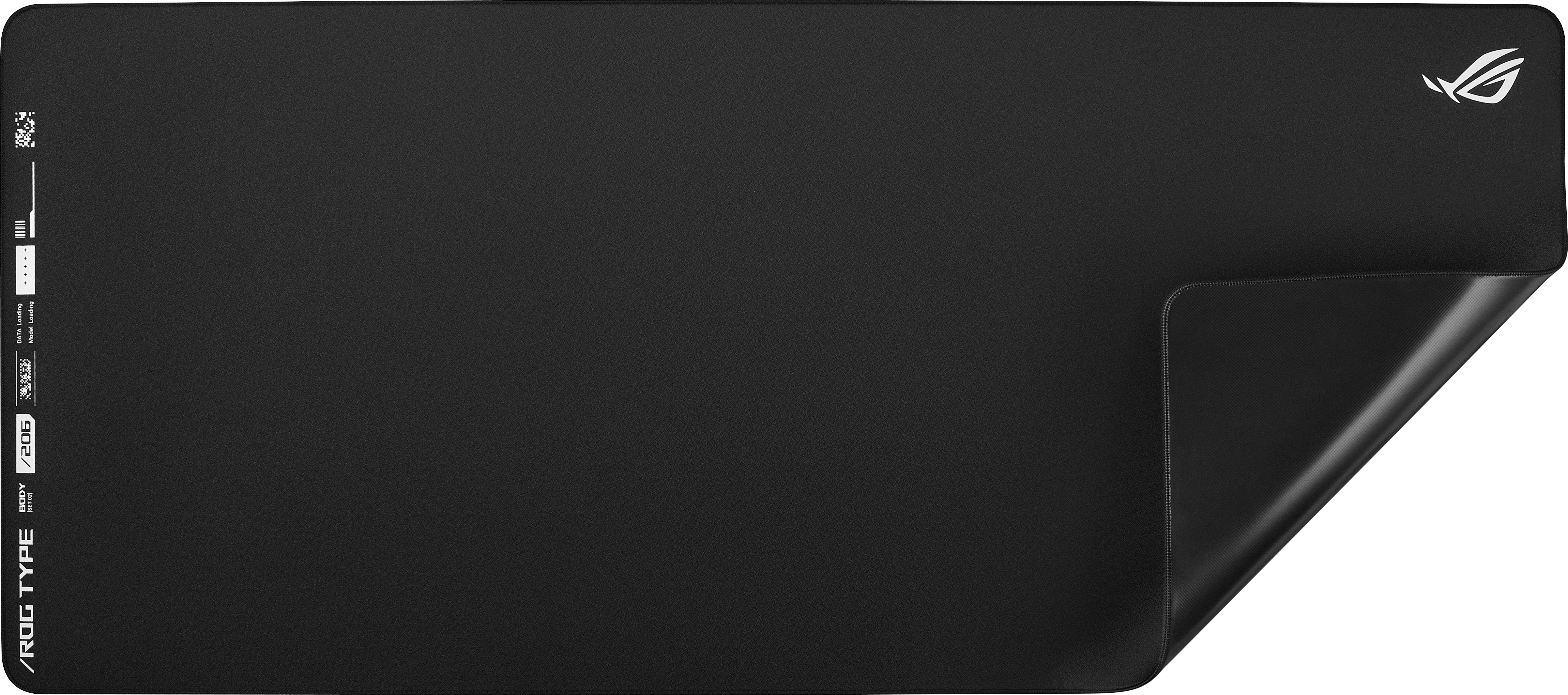 Tapis de souris ROG noir, avec un coin replié, montrant une surface brillante.