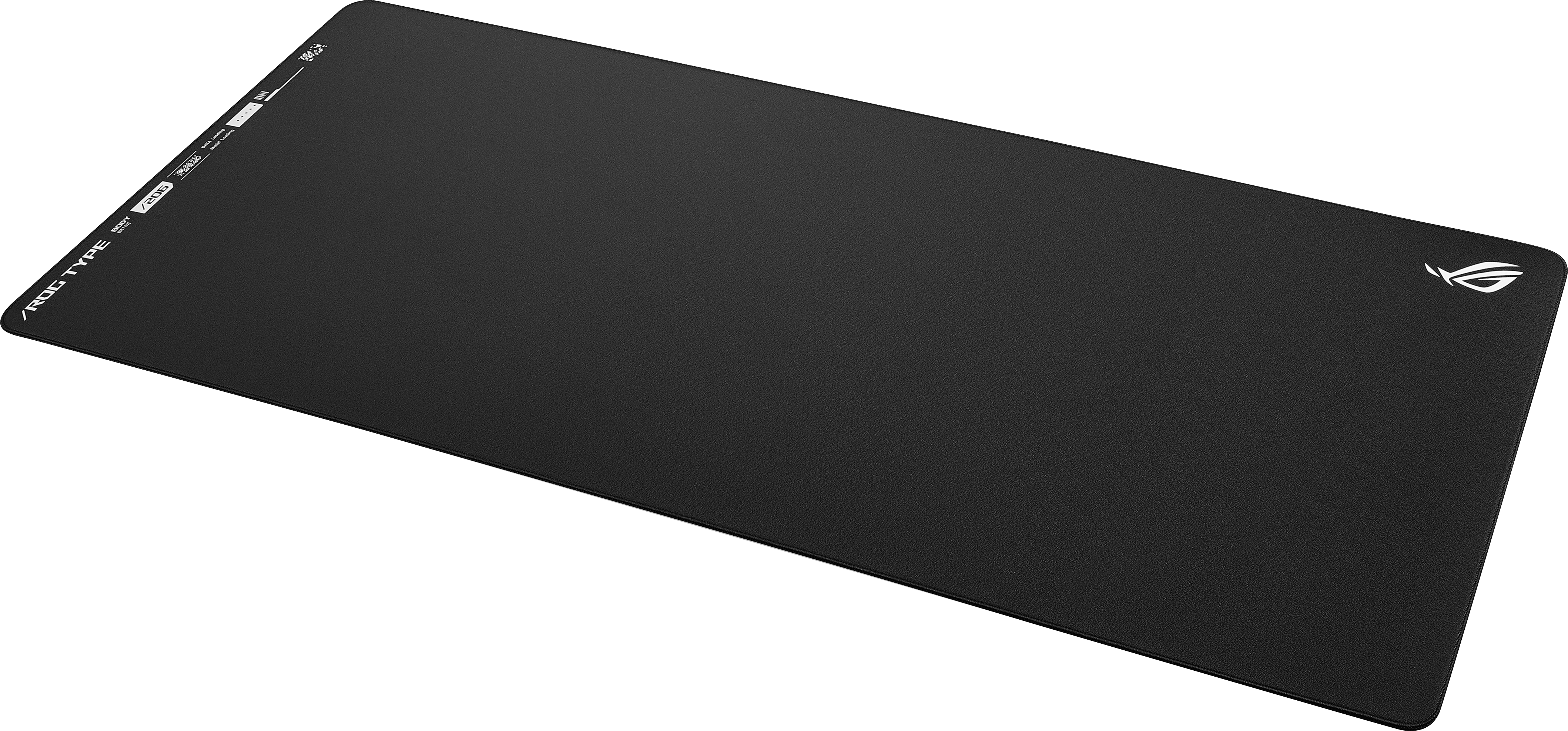 Tapis de souris ROG TYPE rectangulaire noir. Le logo ROG et le texte sont à gauche.