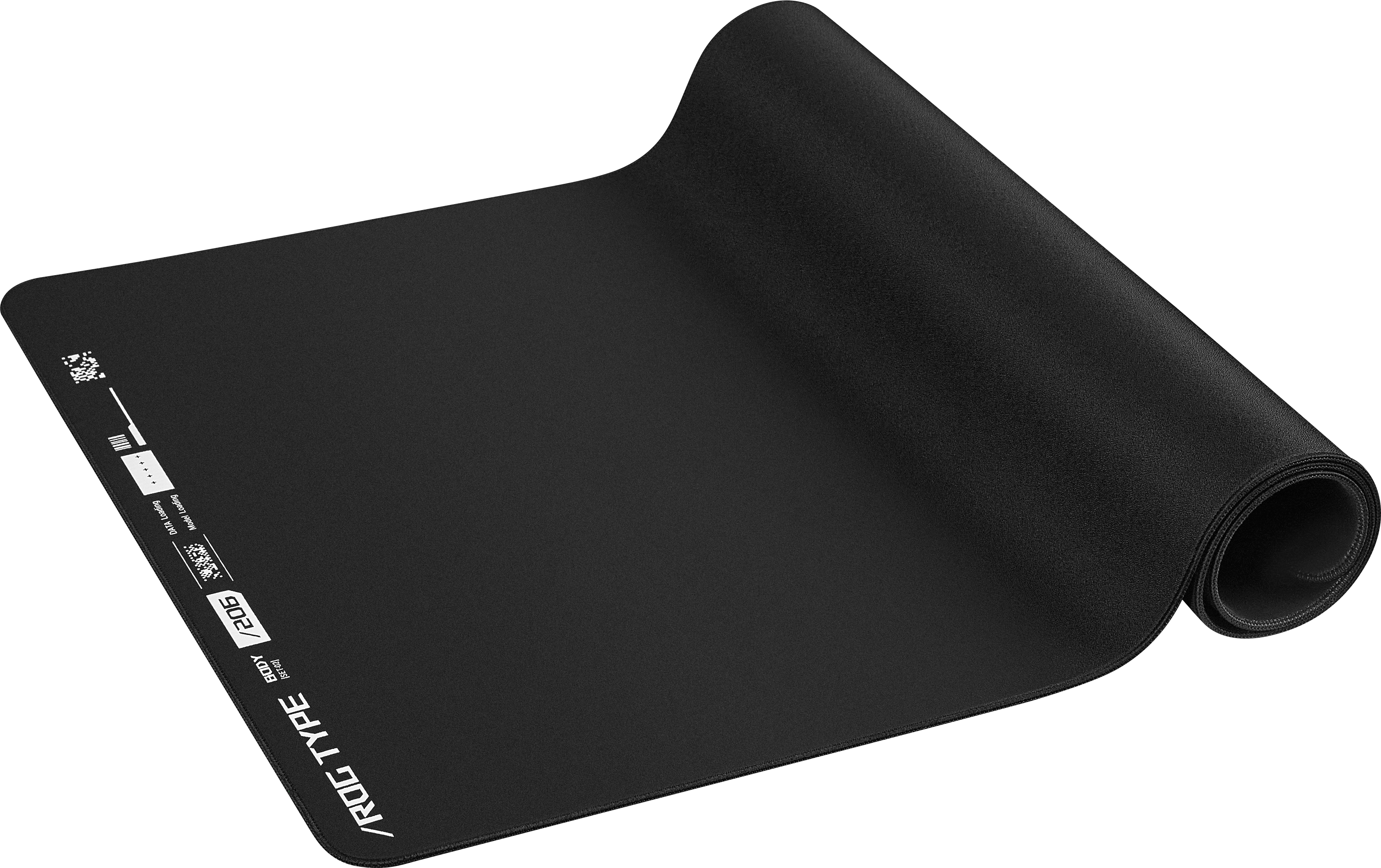 Un tapis de souris ROG noir avec le logo ROG TYPE et d'autres marquages sur le bord.
