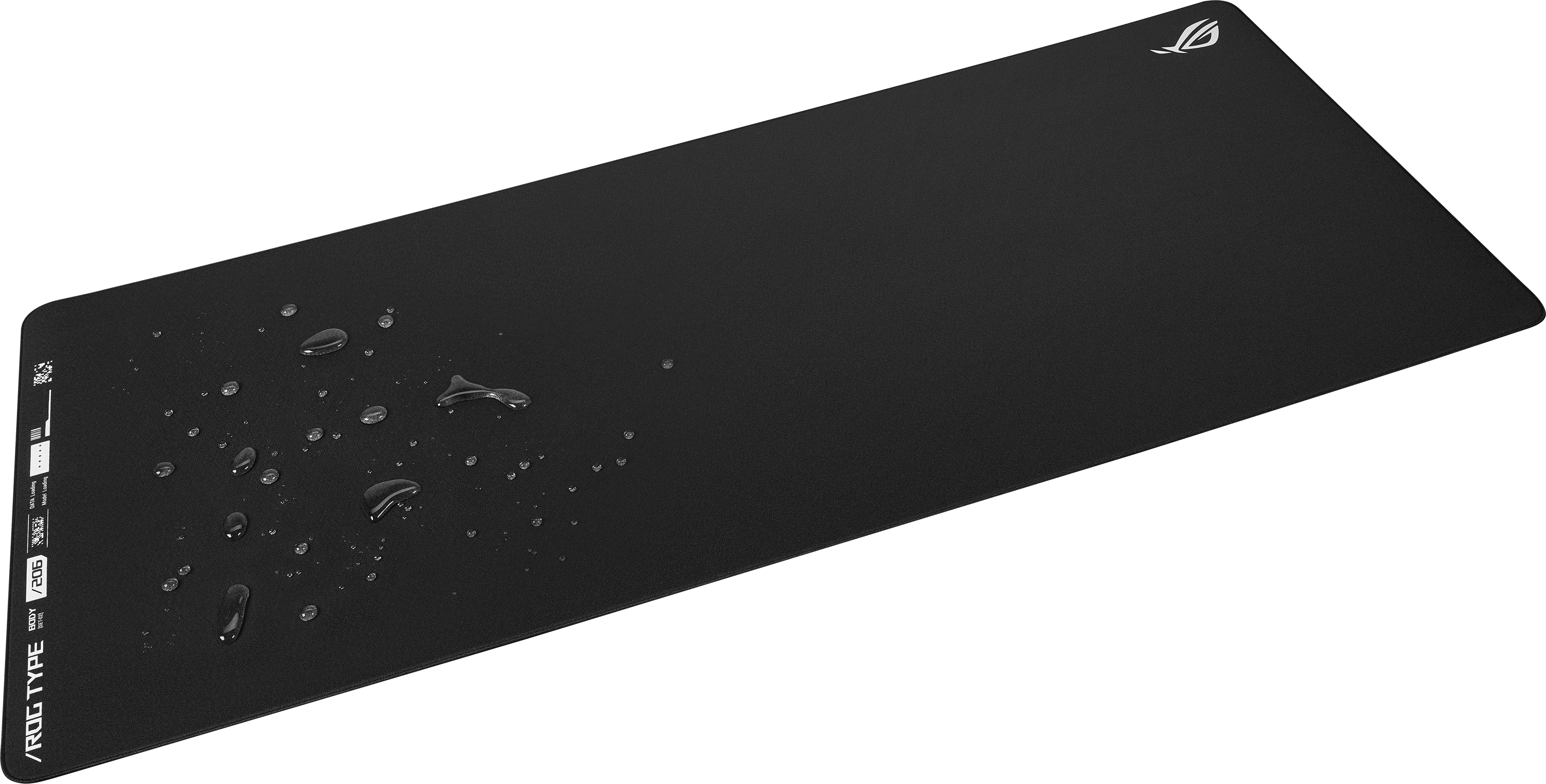 Tapis de souris ROG Type noir avec des gouttelettes d'eau. Logo ROG en haut à droite. Texte blanc : ROG TYPE.