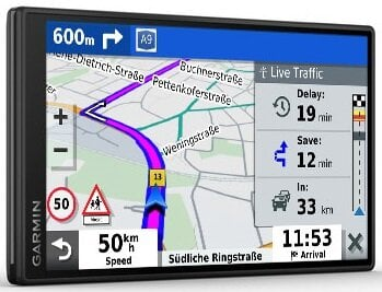 Urządzenie nawigacyjne Garmin wyświetla trasę z informacjami o ruchu drogowym i czasem przyjazdu.