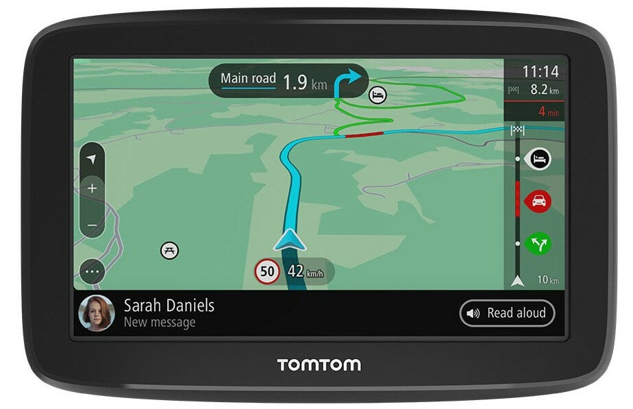 Urządzenie GPS TomTom, czarne, wyświetlające mapę z trasą i powiadomieniem o wiadomości.