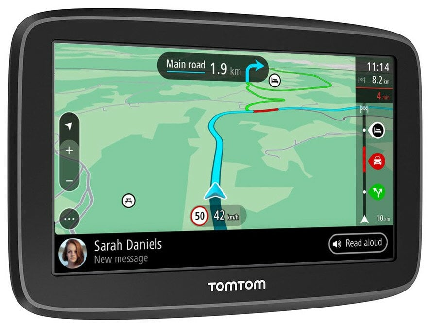 Urządzenie nawigacyjne GPS pokazujące mapę i trasę. Widoczny jest obraz profilowy osoby.