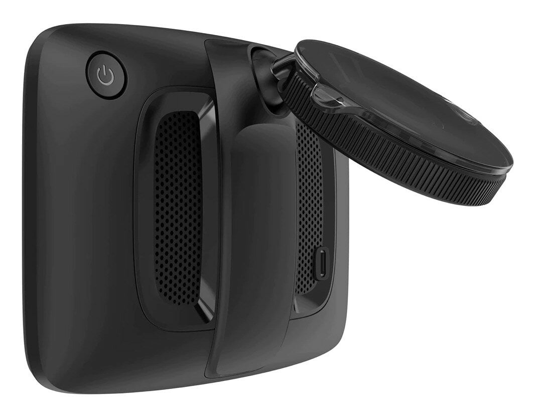 Czarne urządzenie z obrotowym obiektywem.