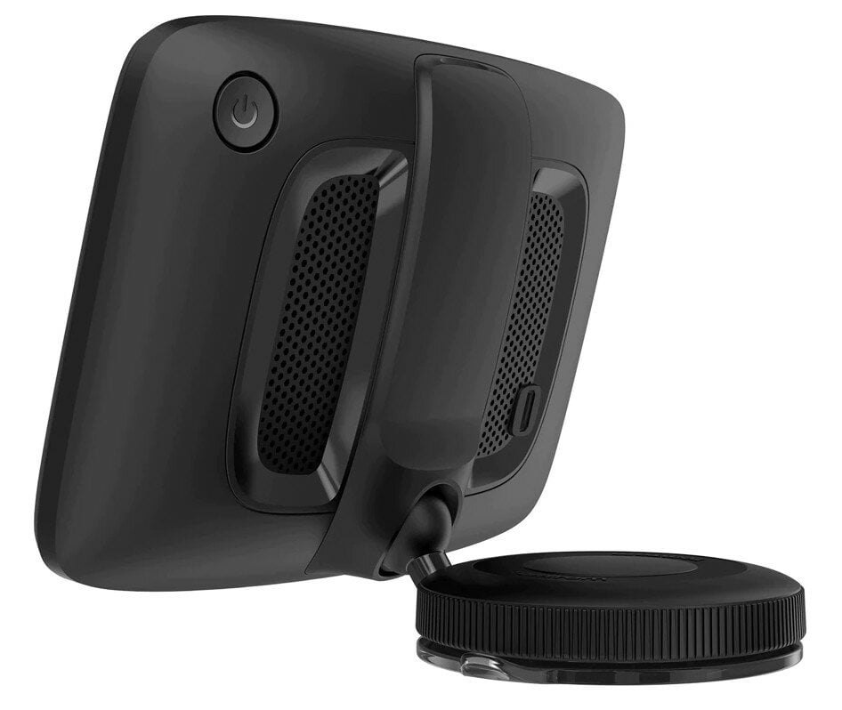 Widok z tyłu urządzenia GPS TomTom z uchwytem i przyciskiem zasilania. Czarny plastik.