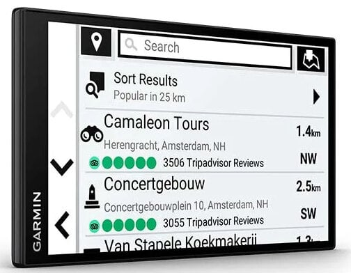Czarne urządzenie nawigacyjne z ekranem wyświetlającym mapę.