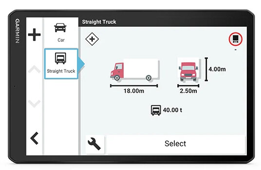 Ekran GPS Garmin wyświetla ikonę ciężarówki. Pokazane są wymiary i waga ciężarówki.
