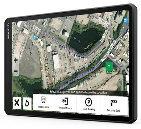 Urządzenie GPS Garmin wyświetlające mapę ze znacznikami lokalizacji i ikonami interfejsu.