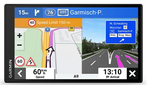GPS Garmin pokazujący mapę z ograniczeniem prędkości i wskazówkami dojazdu. Godzina to 13:10.