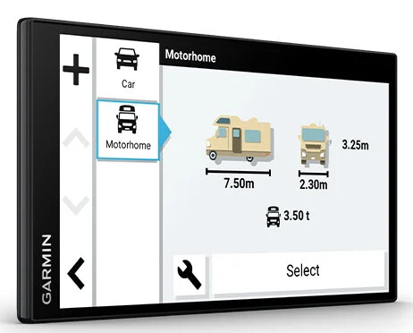Ekran tabletu pokazujący wybór kampera. Ikony samochodu i kampera są widoczne. Czarna ramka.