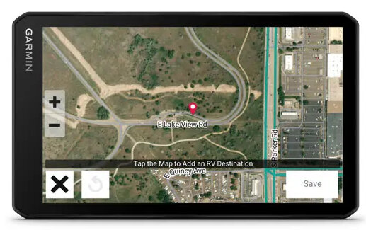 Mapa GPS Garmin pokazująca E Lake View Rd. Przyciski: +, -, X, przeładuj, Zapisz.