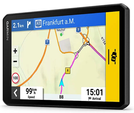 Czarne urządzenie GPS wyświetlające mapę z trasą, z prędkością 99 km/h.