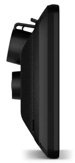 Czarne urządzenie Garmin, widok z boku, z uchwytem, czarnym ekranem i teksturowaną stroną.