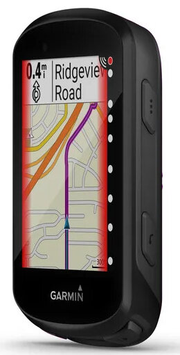 Czarne urządzenie GPS Garmin wyświetla mapę z napisem 'Ridgeview Road'. Ekran pokazuje dystans, trasę i szczegóły ulic. Przyciski z boku.