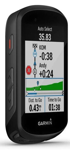 Czarne urządzenie Garmin wyświetla dane dotyczące jazdy na rowerze, w tym dystans, czas i wskaźniki wydajności. Ekran pokazuje mapę trasy i szczegóły KOM.