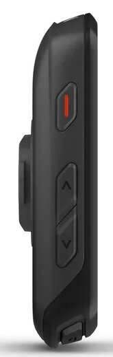 Czarne urządzenie, prawdopodobnie licznik rowerowy, pokazane z profilu. Ma przyciski i uchwyt montażowy. Czerwona linia jest widoczna na przycisku.