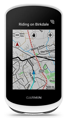 Czarno-białe urządzenie Garmin wyświetlające mapę z trasą zaznaczoną na czerwono. Pokazuje drogę.