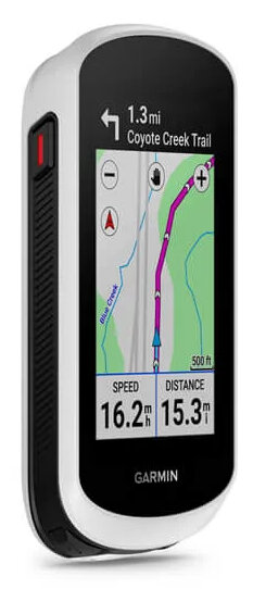 Urządzenie GPS Garmin wyświetlające mapę oraz dane prędkości/odległości, biało-czarne.