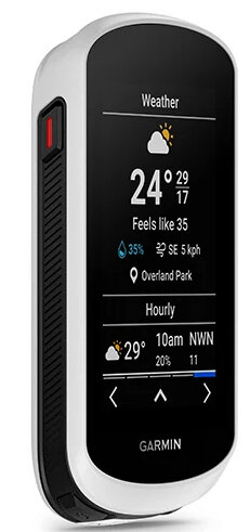 Biało-czarne urządzenie Garmin wyświetlające pogodę: 24 stopnie, odczuwalna 35, 35% szans na deszcz, wiatr SE 5 km/h, Overland Park.